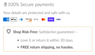 Secure payment methods including AMEX, Apple Pay, Discover, Google Pay, Mastercard, Shop Pay, and Visa with risk-free 30-day returns.