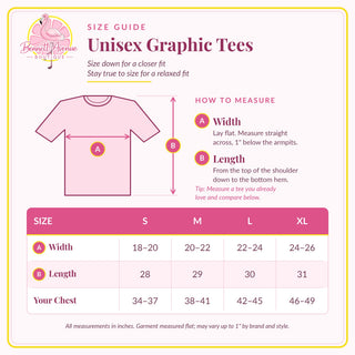 Unisex graphic tee size guide with measurement instructions and a table for sizes small through extra large