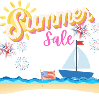 Summer sale graphic with sun fireworks sailboat and American flag on a beach