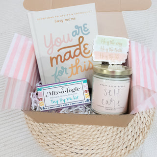 Faith & Self-Care Gift Box for Moms on Mother's Day with devotional, candle, and perfume sampler from Christian Faith-based Boutique