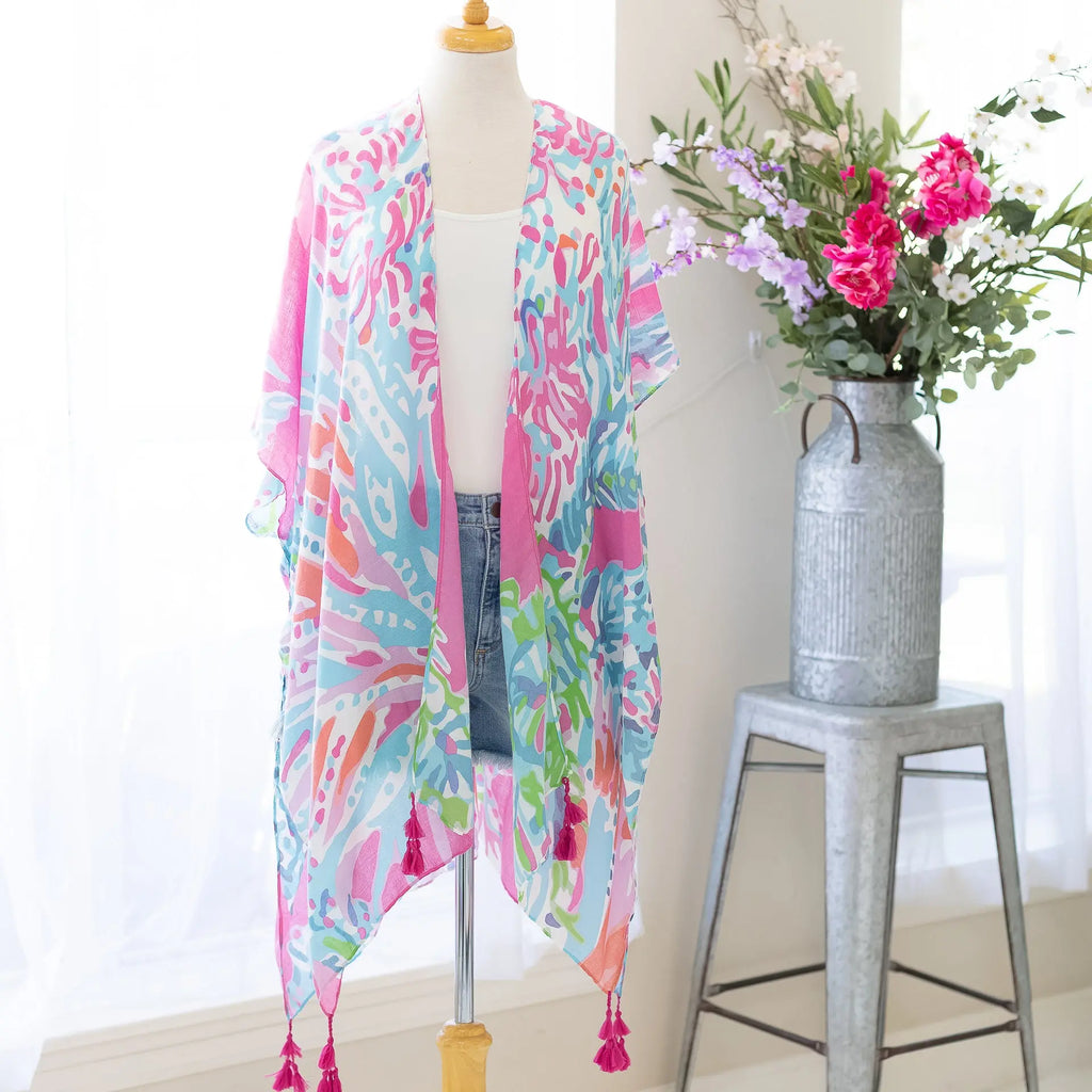 Abstract Floral Print Kimono in Popping Pastel Colors with Tassel Fringe Judson