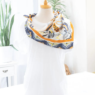 Abstract Leaf Print Satin Scarf in Navy Neck Length Wrap Judson