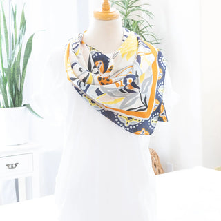 Abstract Leaf Print Satin Scarf in Navy Neck Length Wrap Judson