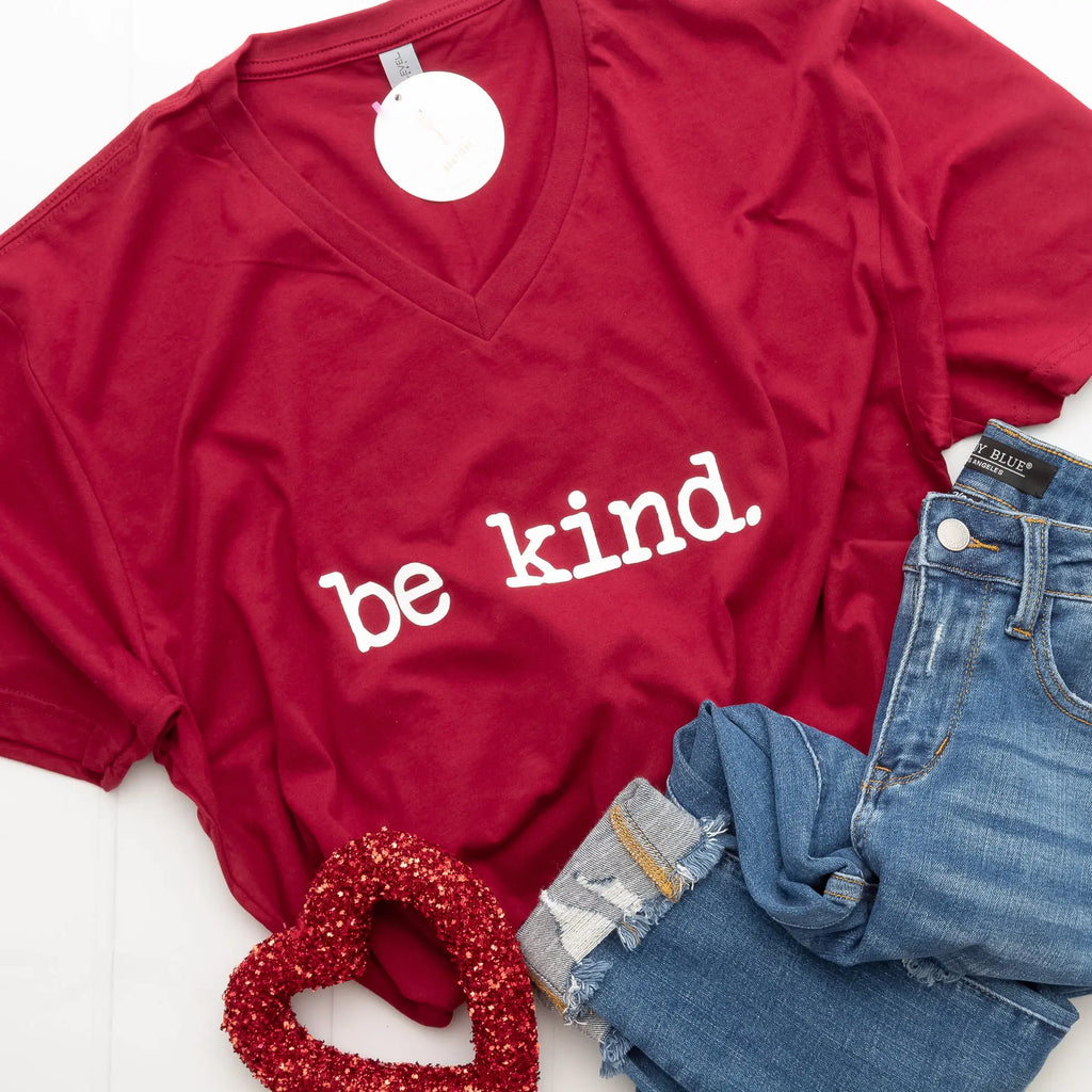 Be Kind Graphic Tee V Neck in Bright Red with Short Sleeves Humm & Willow