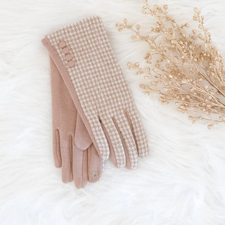 Beige Houndstooth Smart Touch Gloves with Button Accents Judson