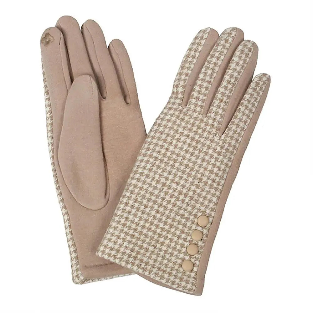 Beige Houndstooth Smart Touch Gloves with Button Accents Judson