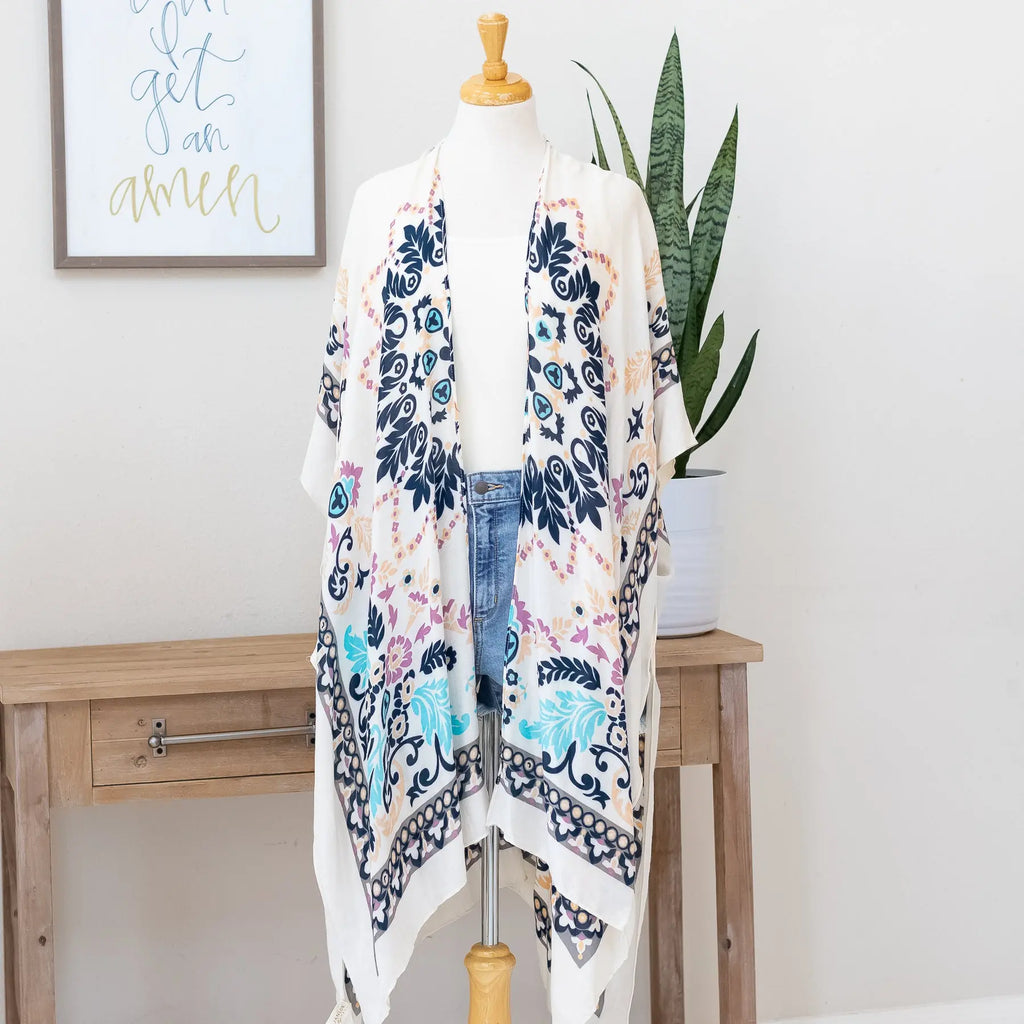 Beige Multicolor Damask Kimono Soft and Naturally Pretty Judson