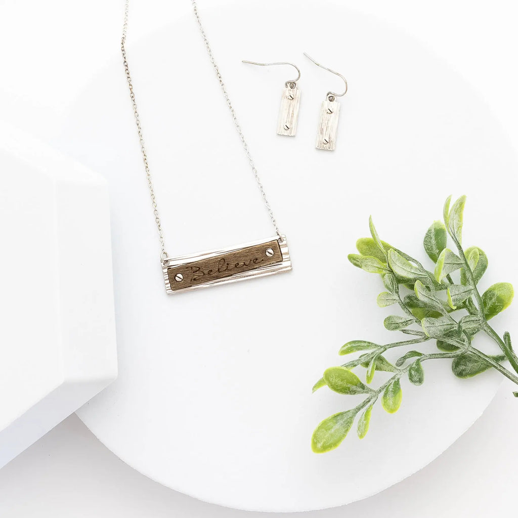 Believe Silver-tone Wooden Pendant Stamped with "believe" Necklace with earrings set Judson
