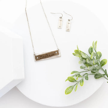 Believe Silver-tone Wooden Pendant Stamped with "believe" Necklace with earrings set Judson