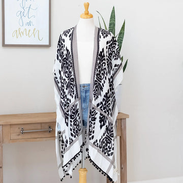 Black White Patterned Kimono with Dainty Pom Pom Accents Judson