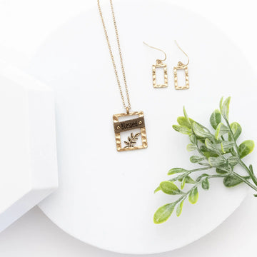 Blessed Gold-tone Geometric Shape Wooden Necklace stamped with"Blessed" with earring set Judson