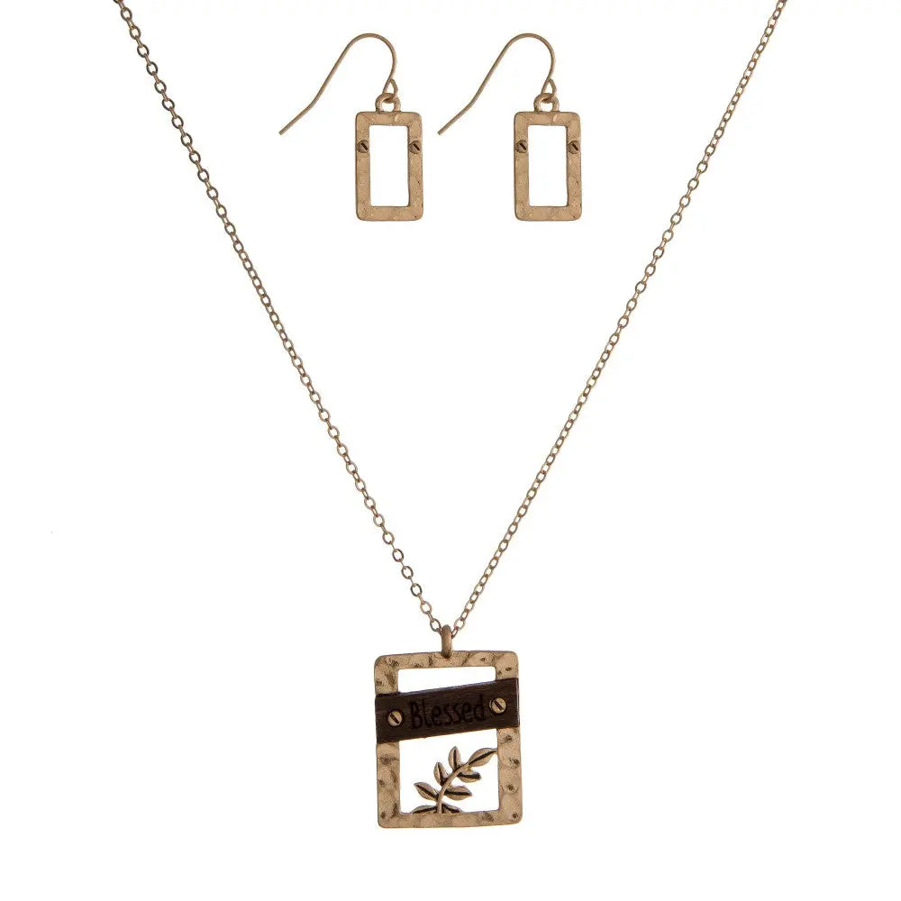 Blessed Gold-tone Geometric Shape Wooden Necklace stamped with"Blessed" with earring set Judson