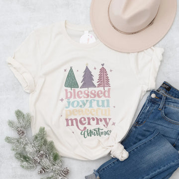 Blessed Joyful Peaceful Merry Graphic Tee with Jubilant Trees Grace & Co