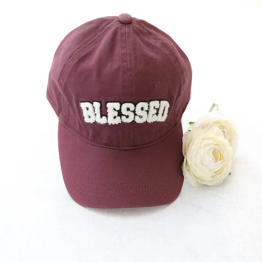 Blessed Maroon Chenille Baseball Cap in Traditional Fit and Style Judson