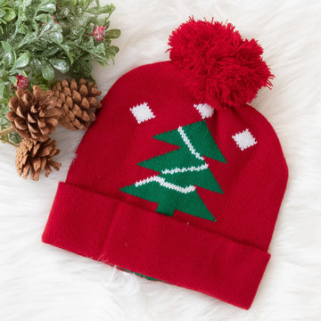 Bright Red Beanie with Christmas Tree and Pom Pom Top Judson