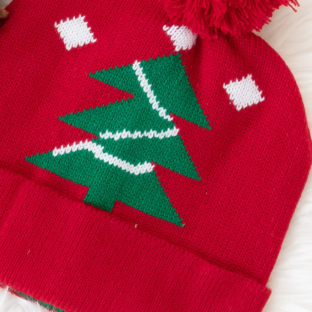 Bright Red Beanie with Christmas Tree and Pom Pom Top Judson