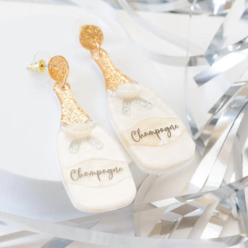 Champagne Bottle Glittered Earrings in Acetate Drop Judson