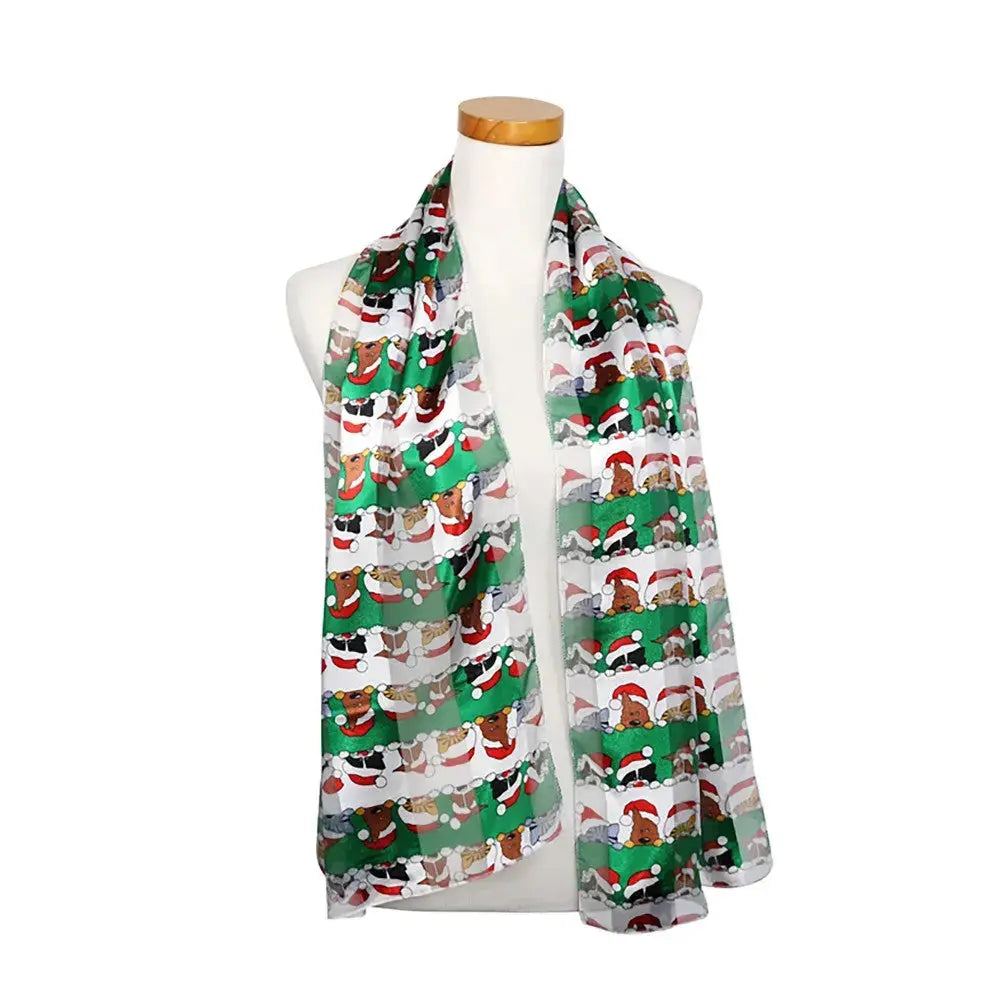 Christmas Dog and Cat Scarf in Green Opaque and Sheer Satin Judson