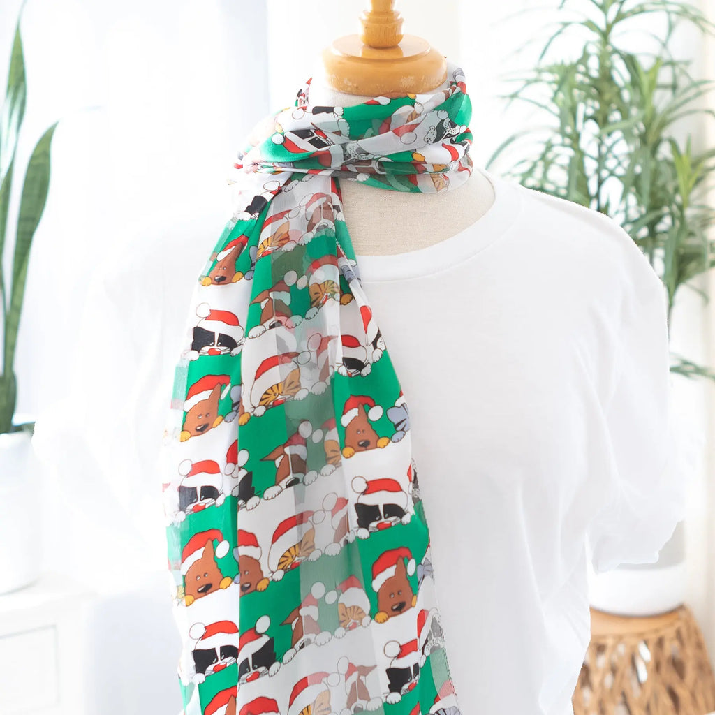 Christmas Dog and Cat Scarf in Green Opaque and Sheer Satin Judson