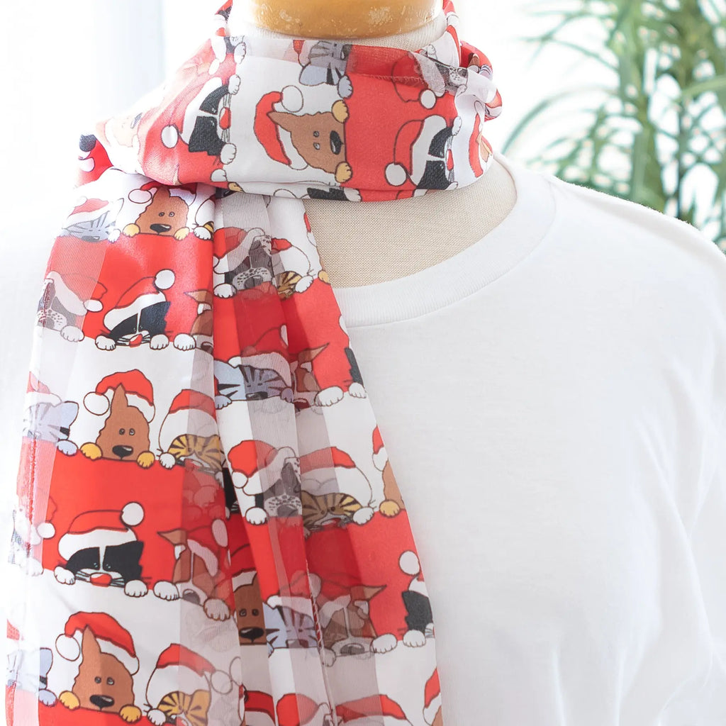 Christmas Dog and Cat Scarf in Red Opaque and Sheer Satin Judson