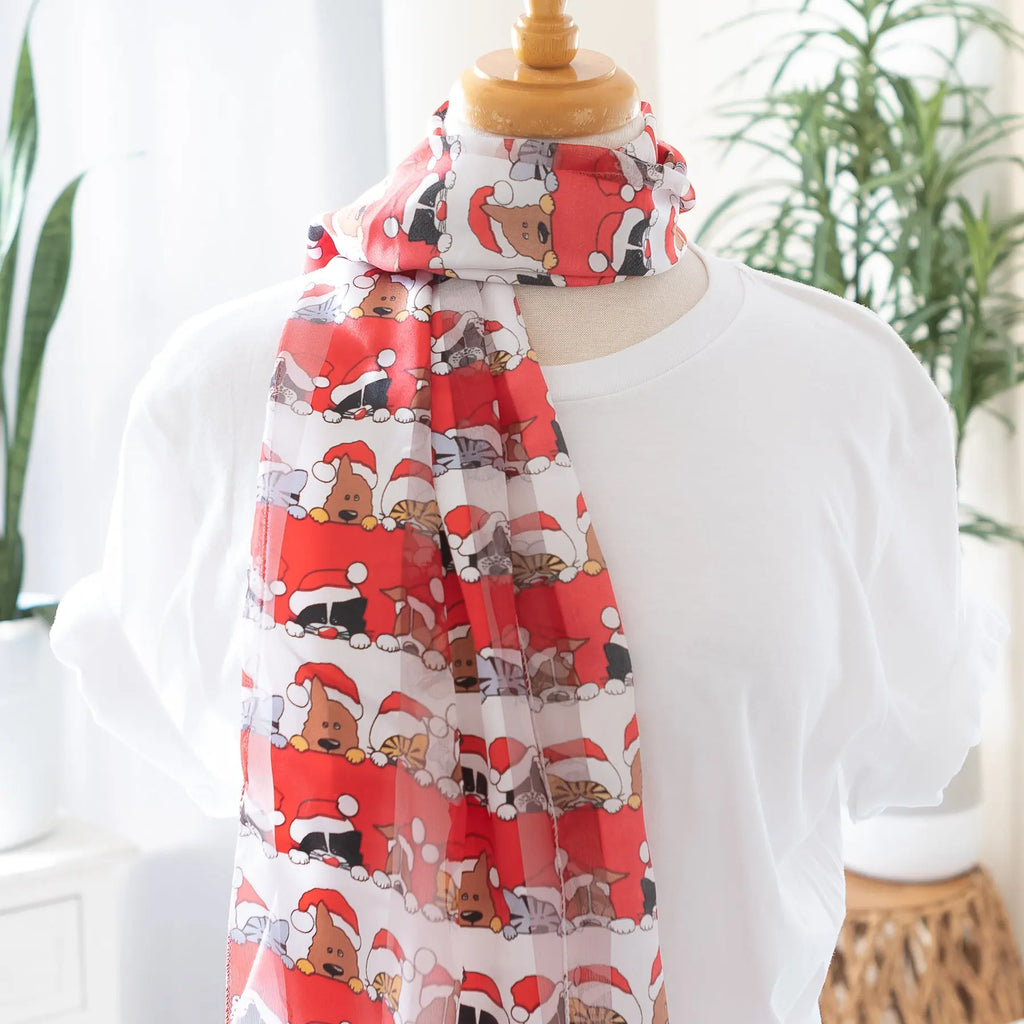 Christmas Dog and Cat Scarf in Red Opaque and Sheer Satin Judson