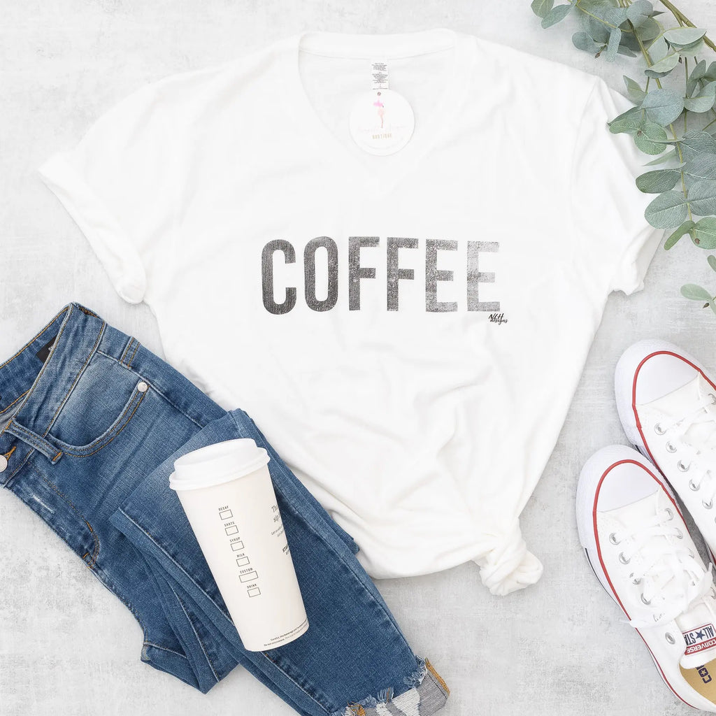 Coffee Graphic Tee in Distressed Font in White with Short Sleeves Never Lose Hope Designs