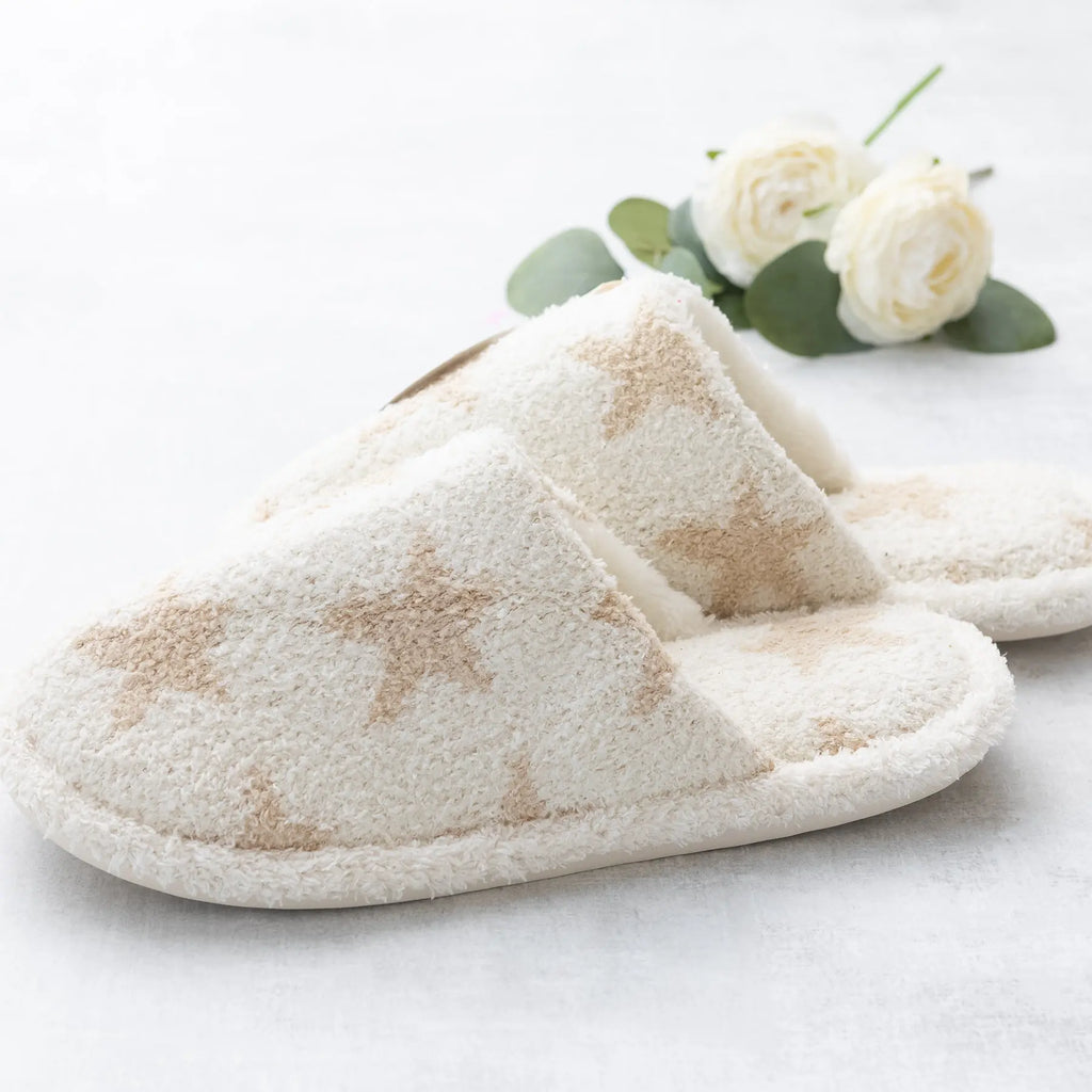 Comfy Luxe Plush Slide on Slippers White in Star Print Judson