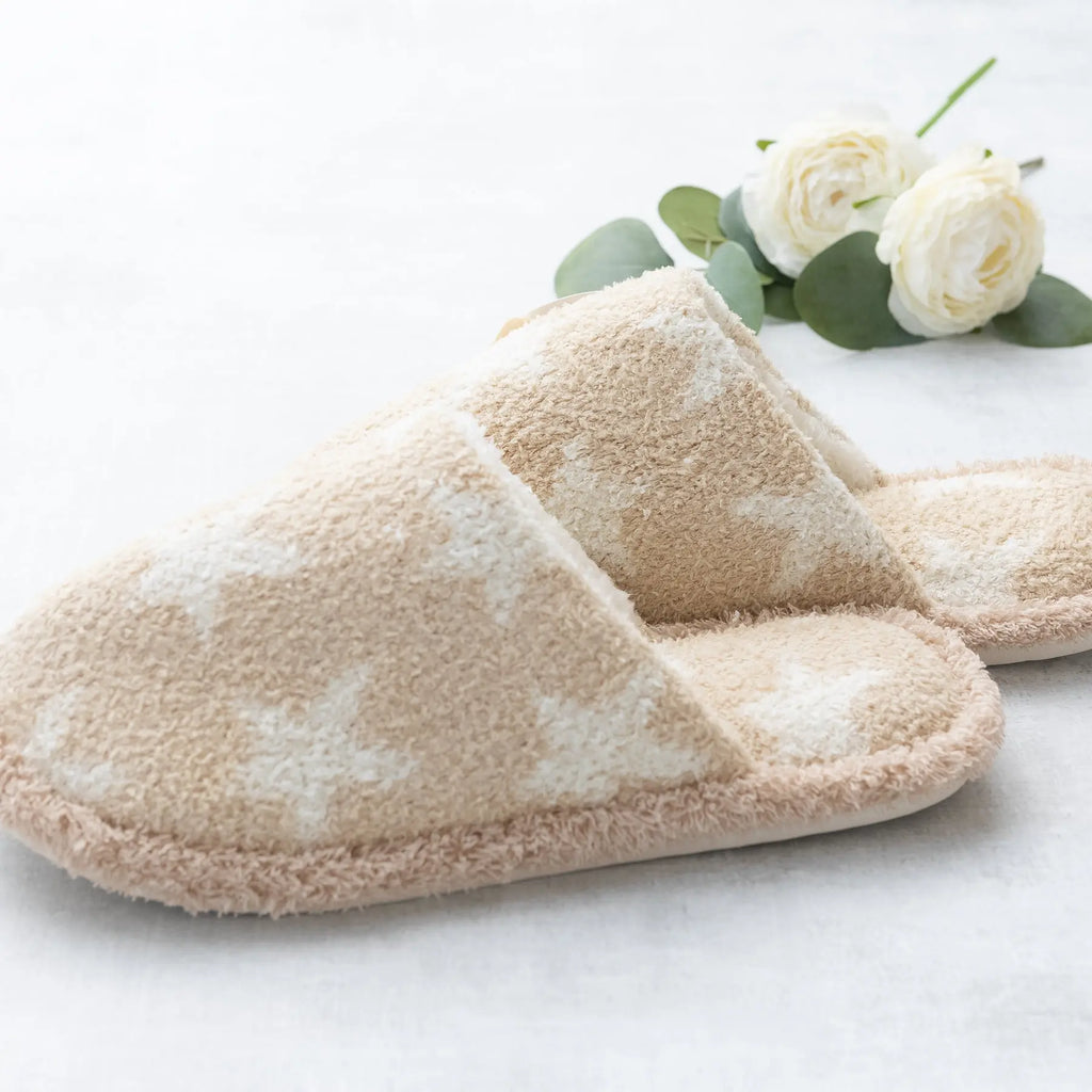 Comfy Luxe Plush Slide on Slippers in Beige Star Print Judson