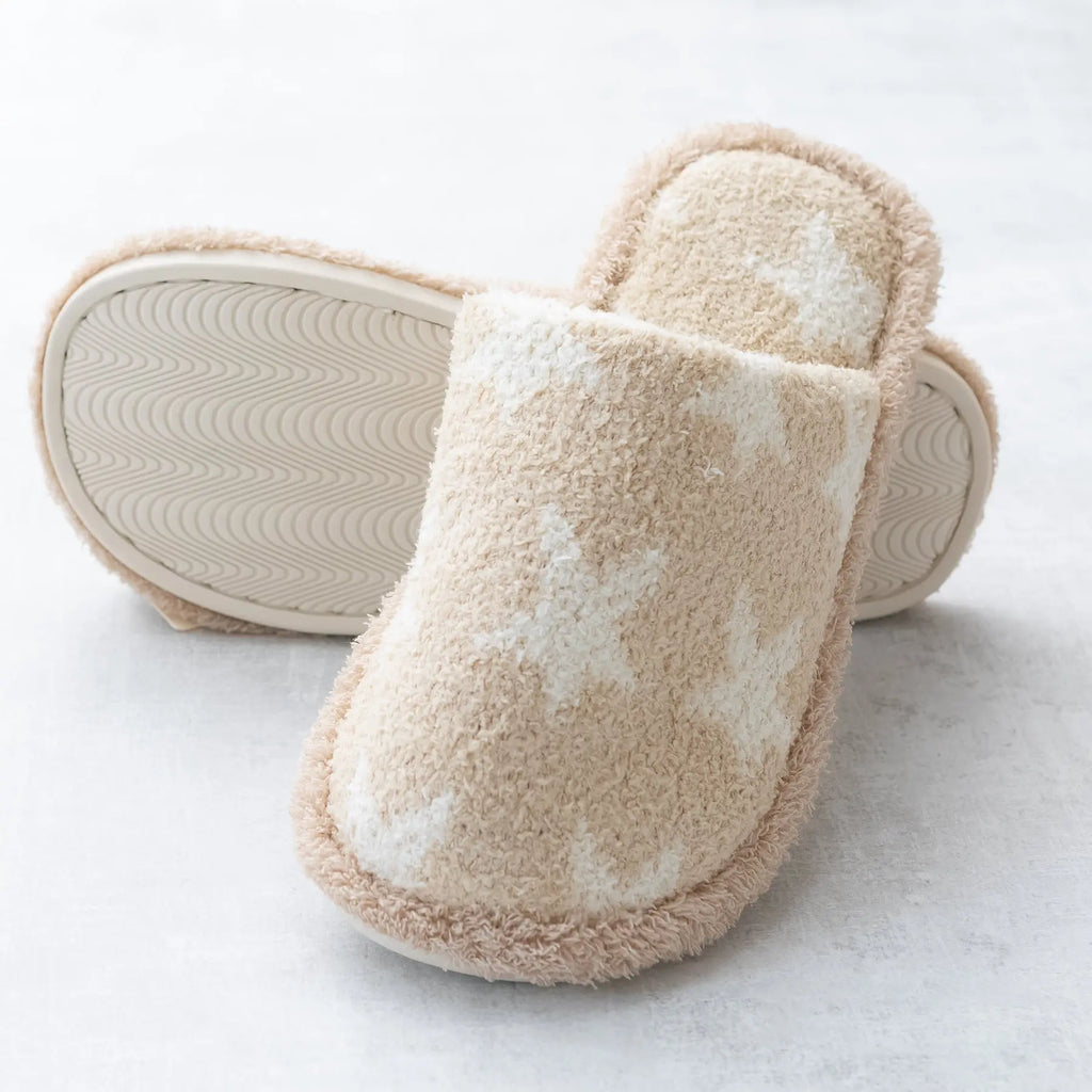 Comfy Luxe Plush Slide on Slippers in Beige Star Print Judson