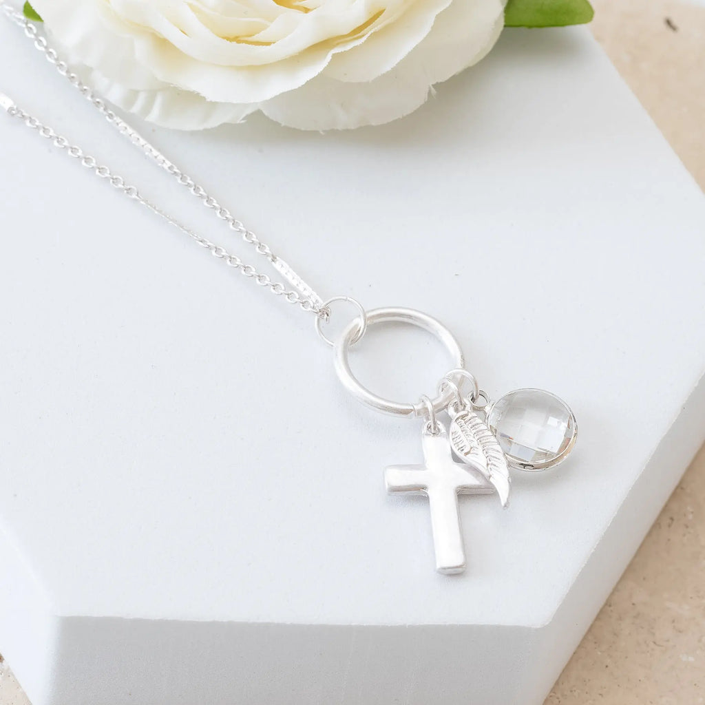 Cross Wing Charm Necklace in Silver-tone that is Medium Length Judson