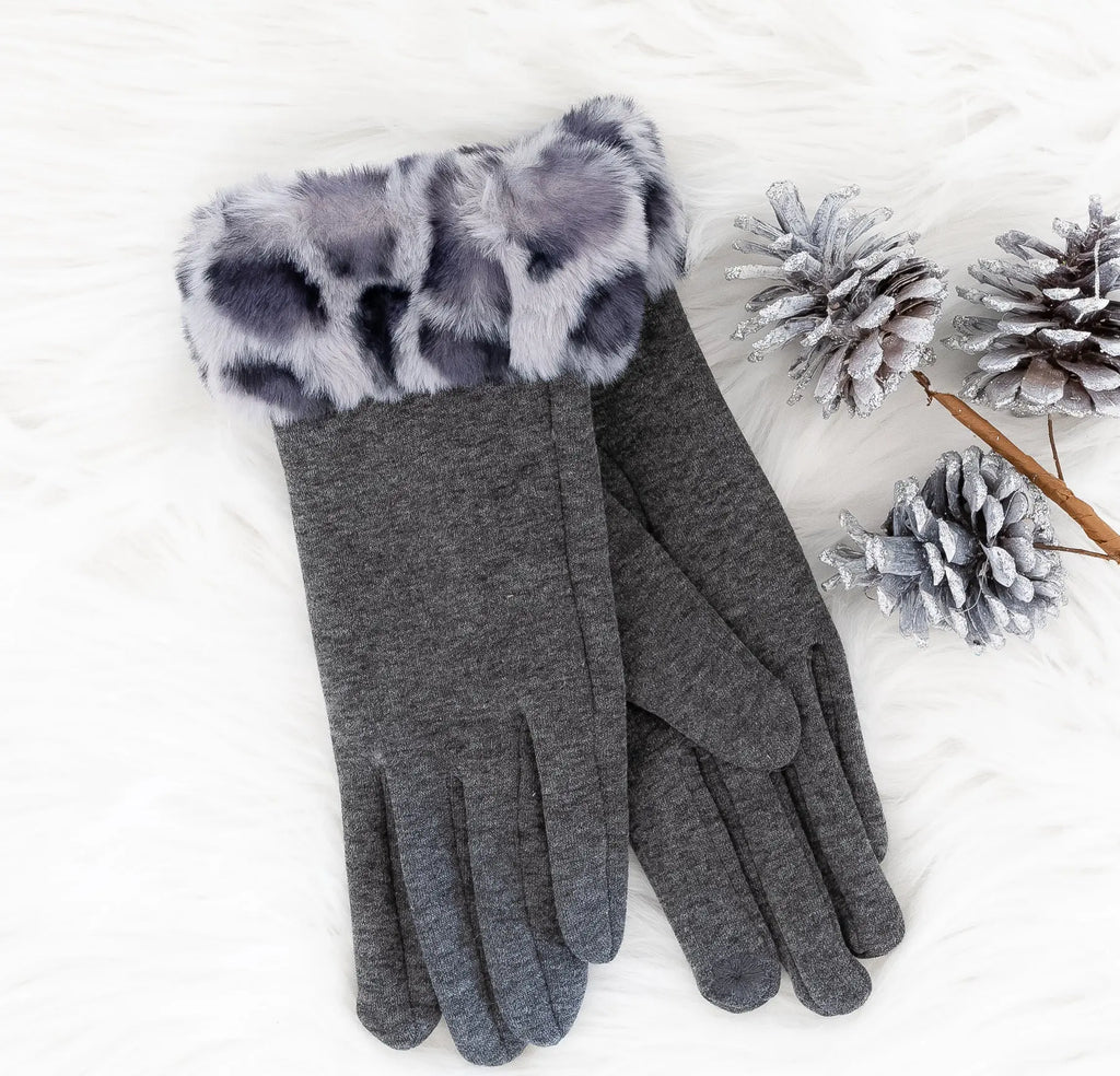 Dark Gray Smart Touch Gloves with Animal Print Faux Fur Cuff Judson