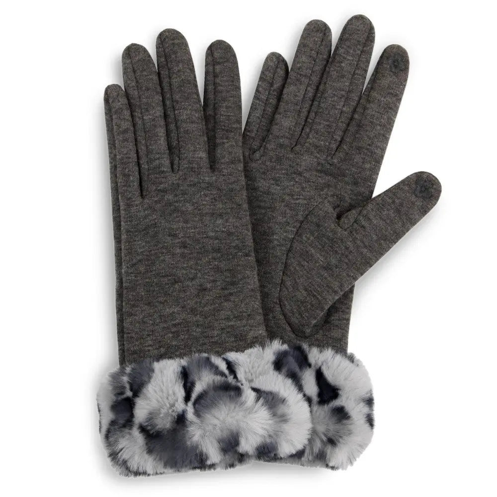 Dark Gray Smart Touch Gloves with Animal Print Faux Fur Cuff Judson