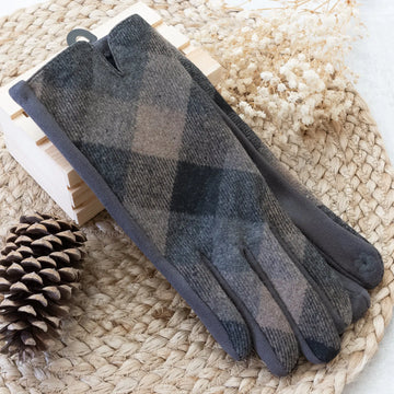 Diagonal Plaid and Faux Suede Print Smart Touch Gloves in Dark Gray Judson