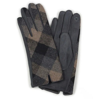 Diagonal Plaid and Faux Suede Print Smart Touch Gloves in Dark Gray Judson