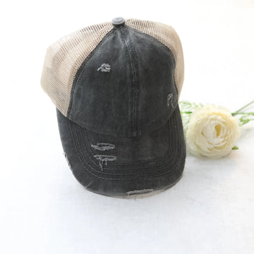 Distressed Criss-Cross Mesh Dark Denim Ponytail Friendly Baseball Cap Judson