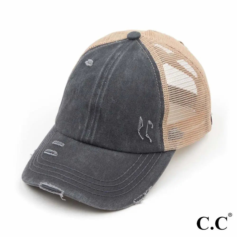 Distressed Criss-Cross Mesh Dark Denim Ponytail Friendly Baseball Cap Judson