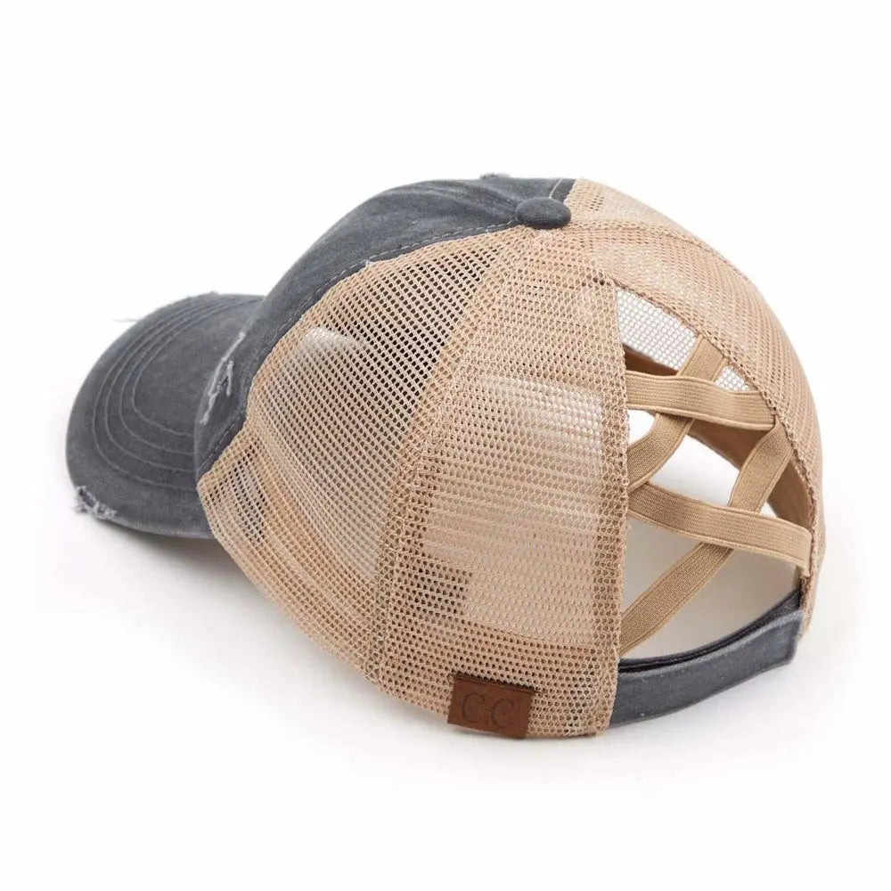 Distressed Criss-Cross Mesh Dark Denim Ponytail Friendly Baseball Cap Judson