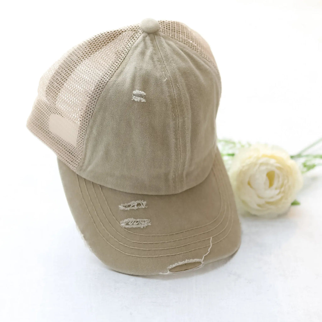 Distressed Criss-Cross Mesh Ivory Ponytail Friendly Baseball Cap Judson