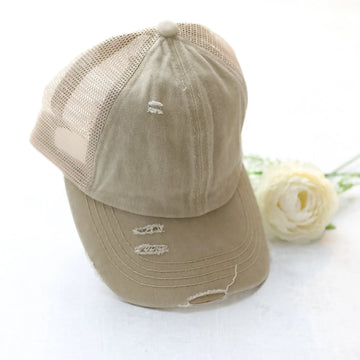 Distressed Criss-Cross Mesh Ivory Ponytail Friendly Baseball Cap Judson