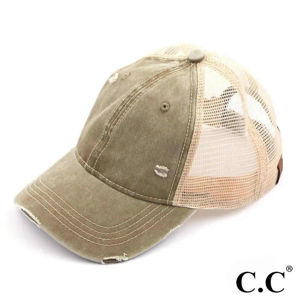 Distressed Criss-Cross Mesh Ivory Ponytail Friendly Baseball Cap Judson