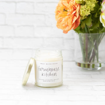 Farmhouse Scented Kitchen Soy Candle in Glass Jar with Gold Metal Lid Sweet Water Decor