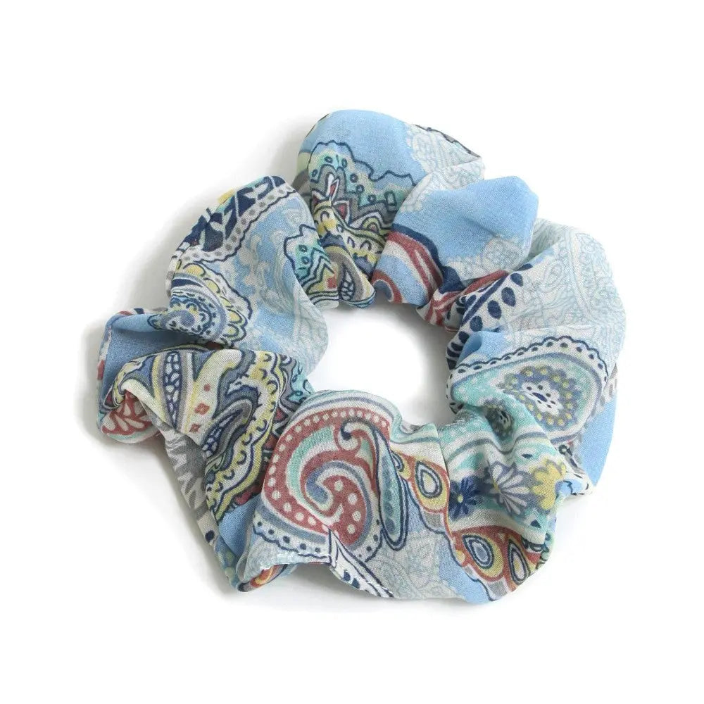 Floral and Paisley Print Hair Scrunchy in Light Blue and Various Colors Judson