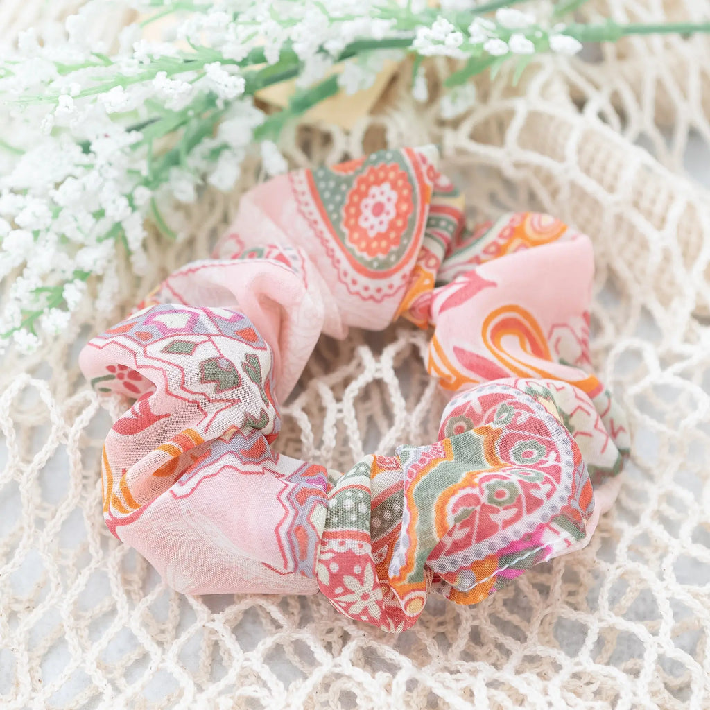 Floral and Paisley Print Hair Scrunchy in Light Pink and Various Colors Judson