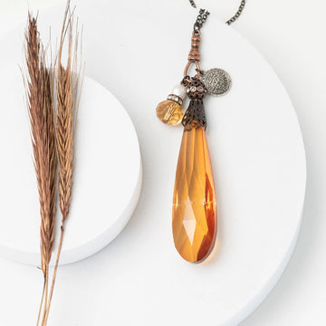 Golden Amber Crystal Pendant Charm Long Necklace Judson