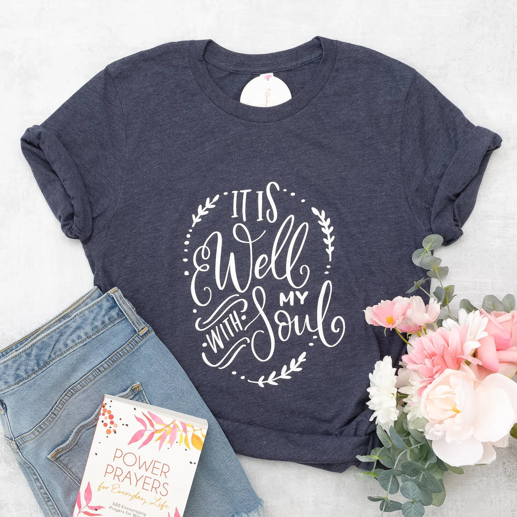 It Is Well With My Soul Graphic Tee in Heather Navy Blue Short Sleeves Humm & Willow