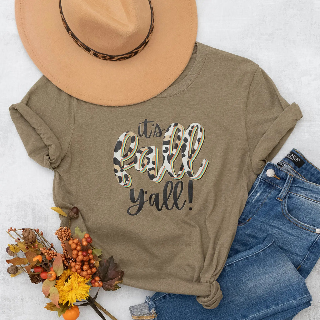 It's Fall Y'all Graphic Tee with Cheetah Print on Army Green The White Invite Gifts