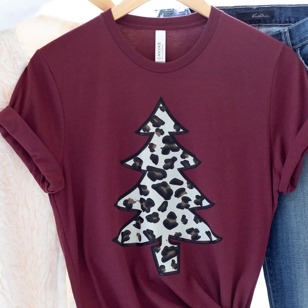 Leopard Print Christmas Tree Short Sleeve Maroon Graphic Tee Judson