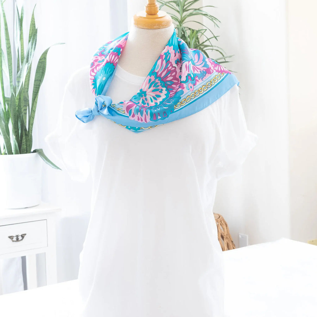 Light Flower Print Satin Scarf in Bright Blue Neck Length Wrap Judson