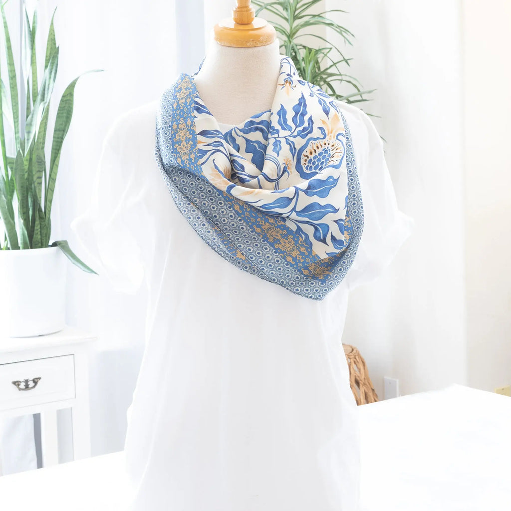 Light Flower Print Satin Scarf in Light Blue Neck Length Wrap Judson