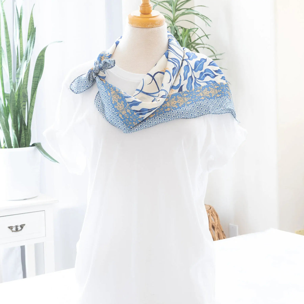 Light Flower Print Satin Scarf in Light Blue Neck Length Wrap Judson